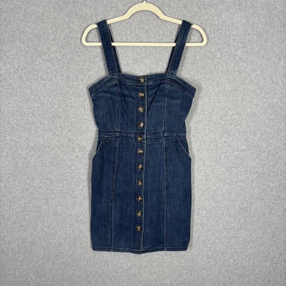 90s Y2K Express Denim Dress XS Mini Jean Pockets Stretch Buttons Western Rodeo - Picture 1 of 10
